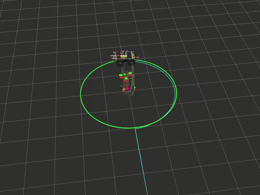 RViz view of a Husky robot on a green 2 m circle around a bundle of bamboo sticks, with lidar detections marked on the sticks and the robot's approach path trailing behind it