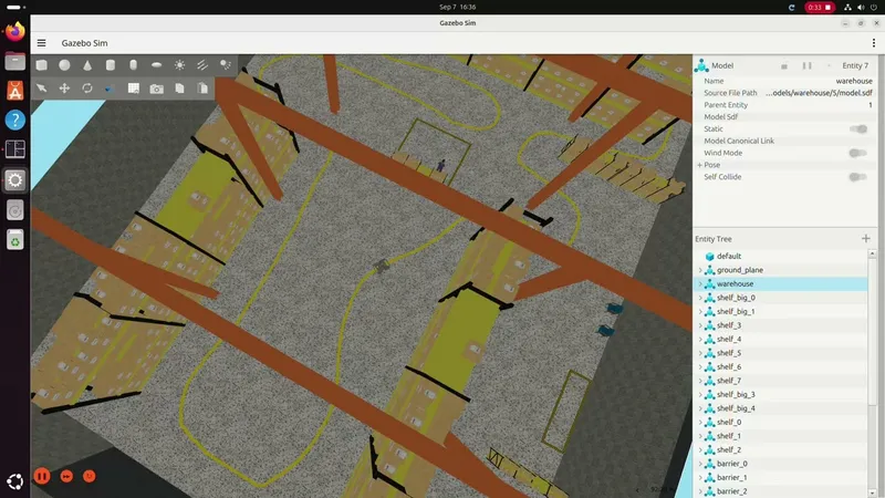 Top-down Gazebo view of a warehouse with shelves and a yellow line painted on the floor winding between them, with the robot on the line