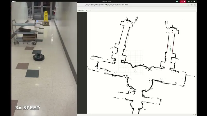 Split screen: a small round robot driving down a tiled hallway past a cart of boxes on the left, and an RViz occupancy map of the building's corridors on the right