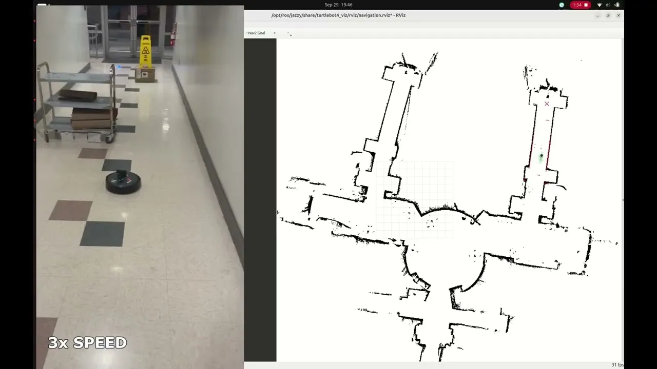 Split screen: a small round robot driving down a tiled hallway past a cart of boxes on the left, and an RViz occupancy map of the building's corridors on the right