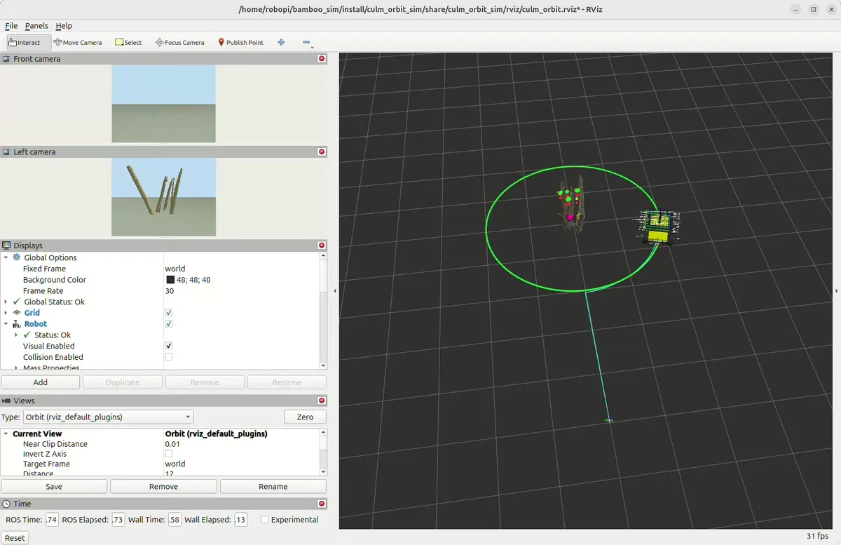 Full RViz window: front and left camera feeds on the left, showing the bamboo sticks from the robot's side, and the 3D view on the right with the robot partway around the orbit circle